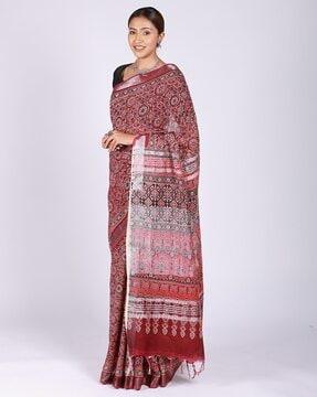 wine red ajrakh printed linen saree traditional saree