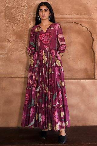 wine-red chanderi digital printed dress