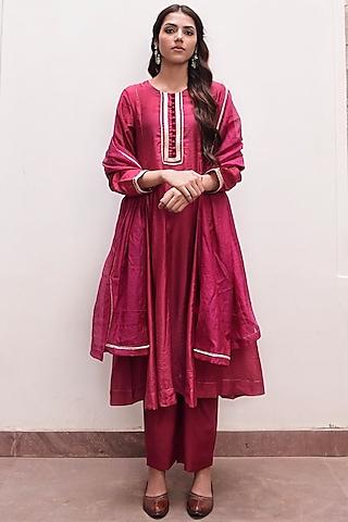 wine red chanderi silk a-line kurta set