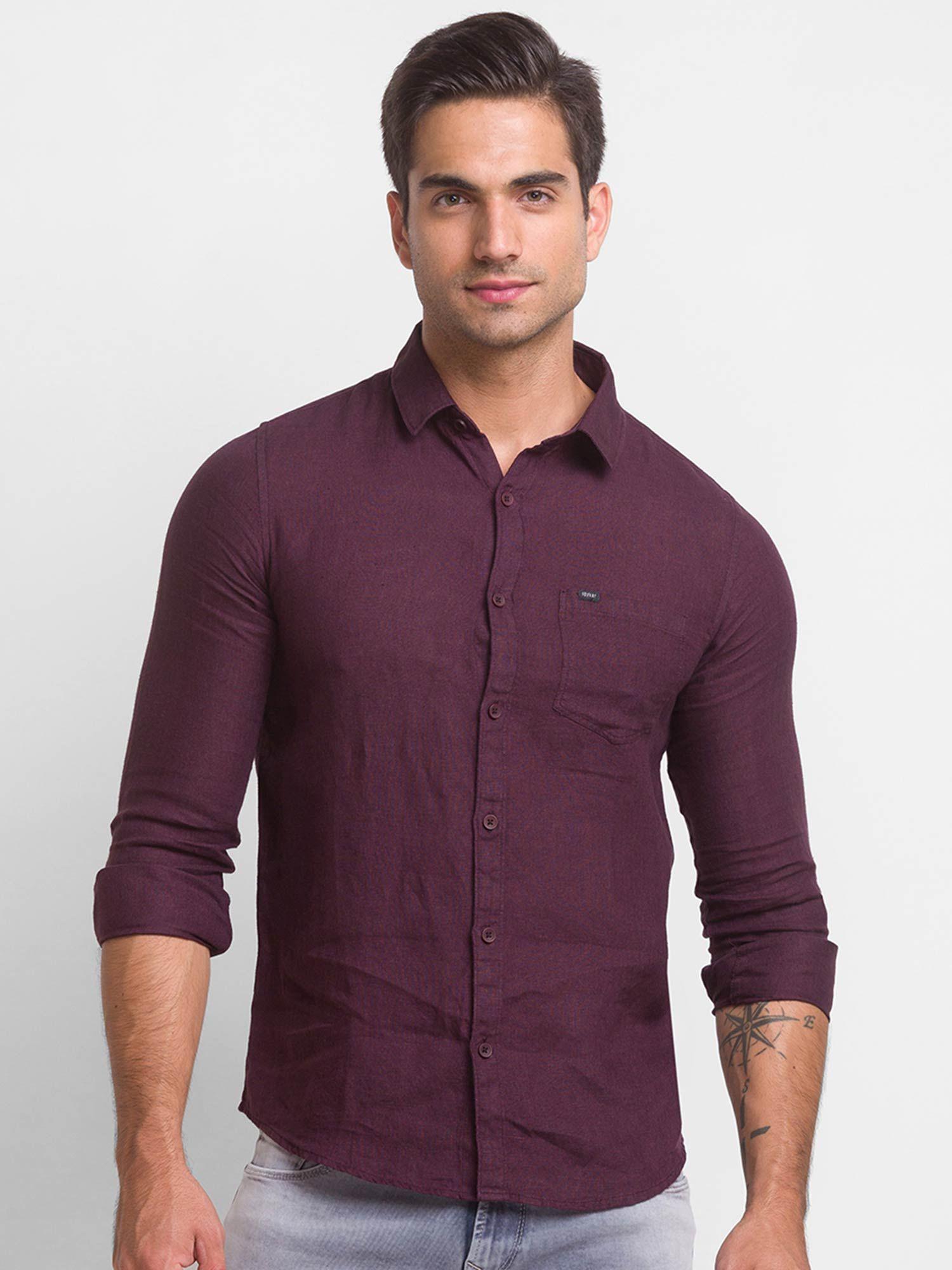 wine red cotton full sleeve plain shirt for men