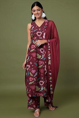 wine red hand embroidered & printed straight kurta set