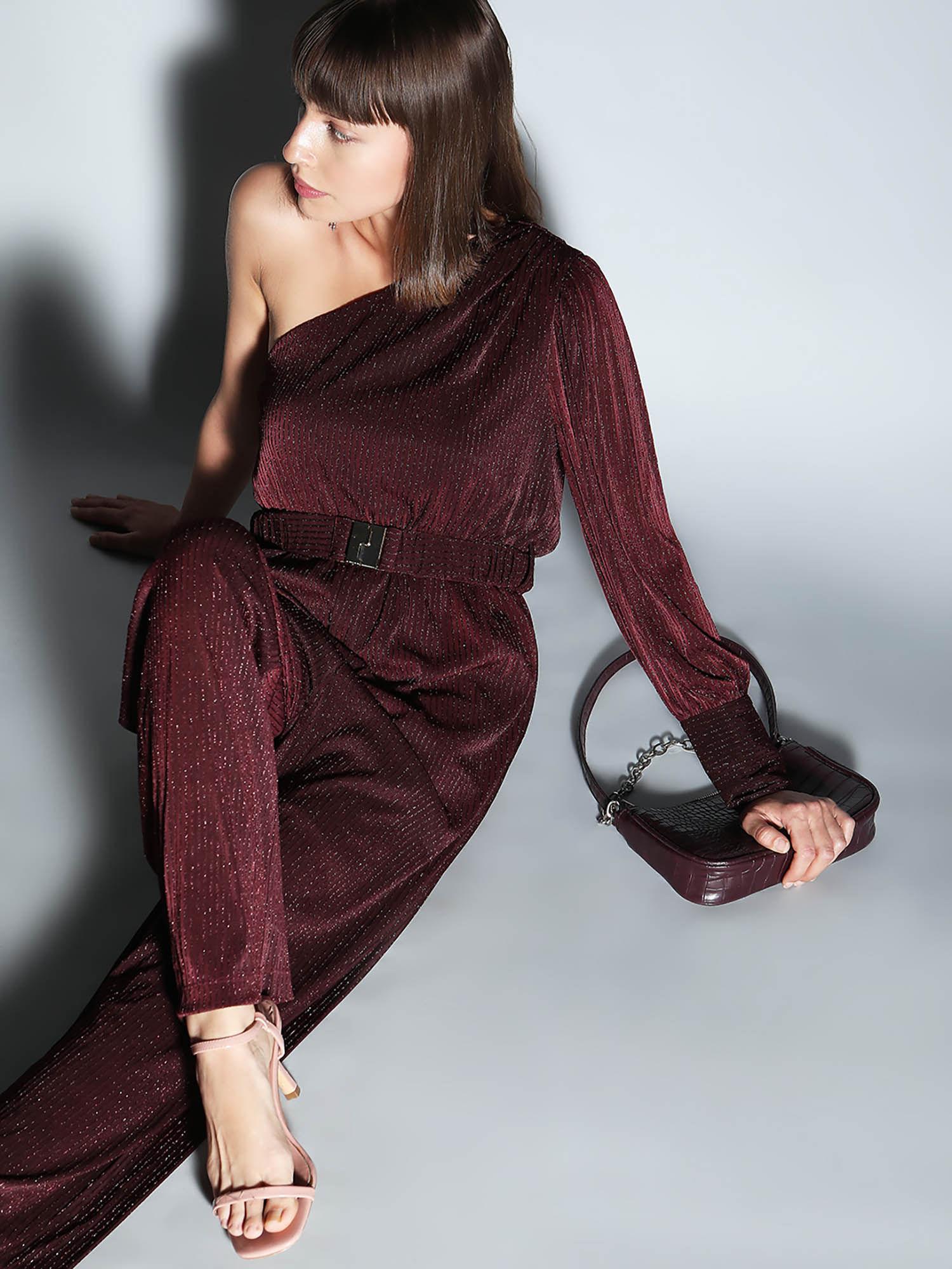 wine red shimmer one-shoulder jumpsuit (set of 2)