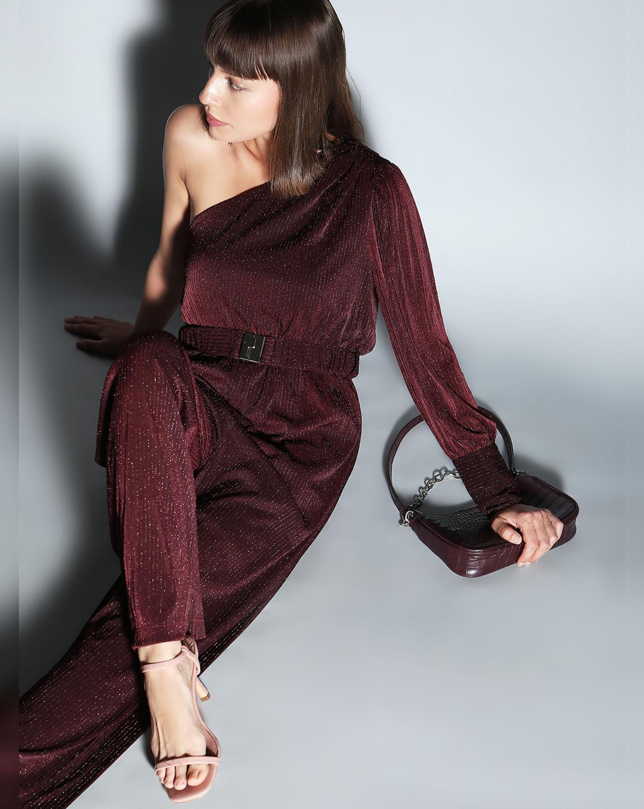 wine red shimmer one-shoulder jumpsuit