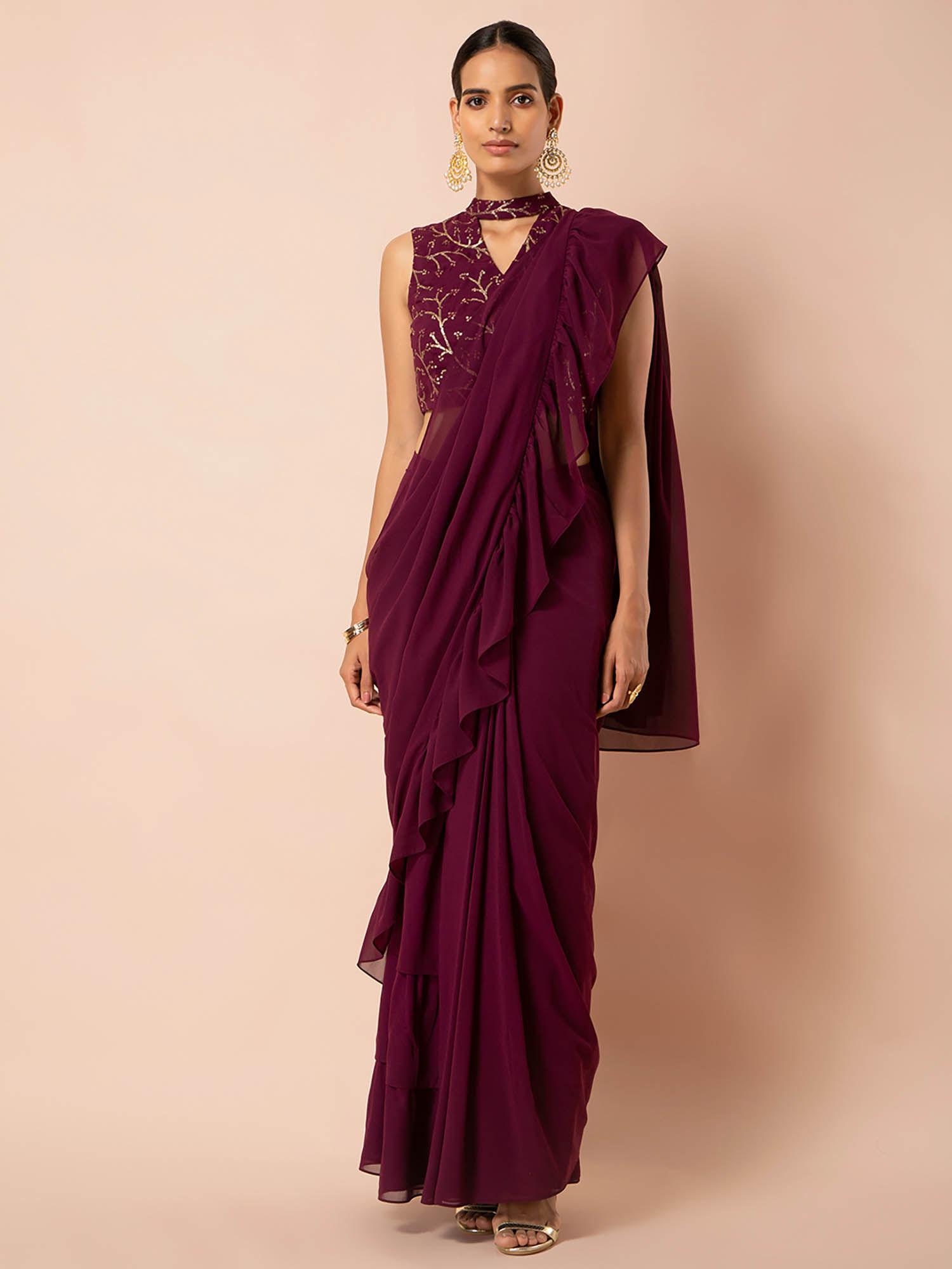 wine ruffled tiered saree skirt