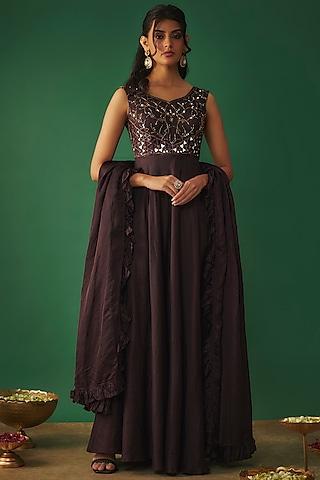 wine satin linen mirror embroidered anarkali set