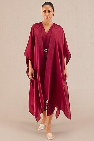 wine satin organza embroidered cape set