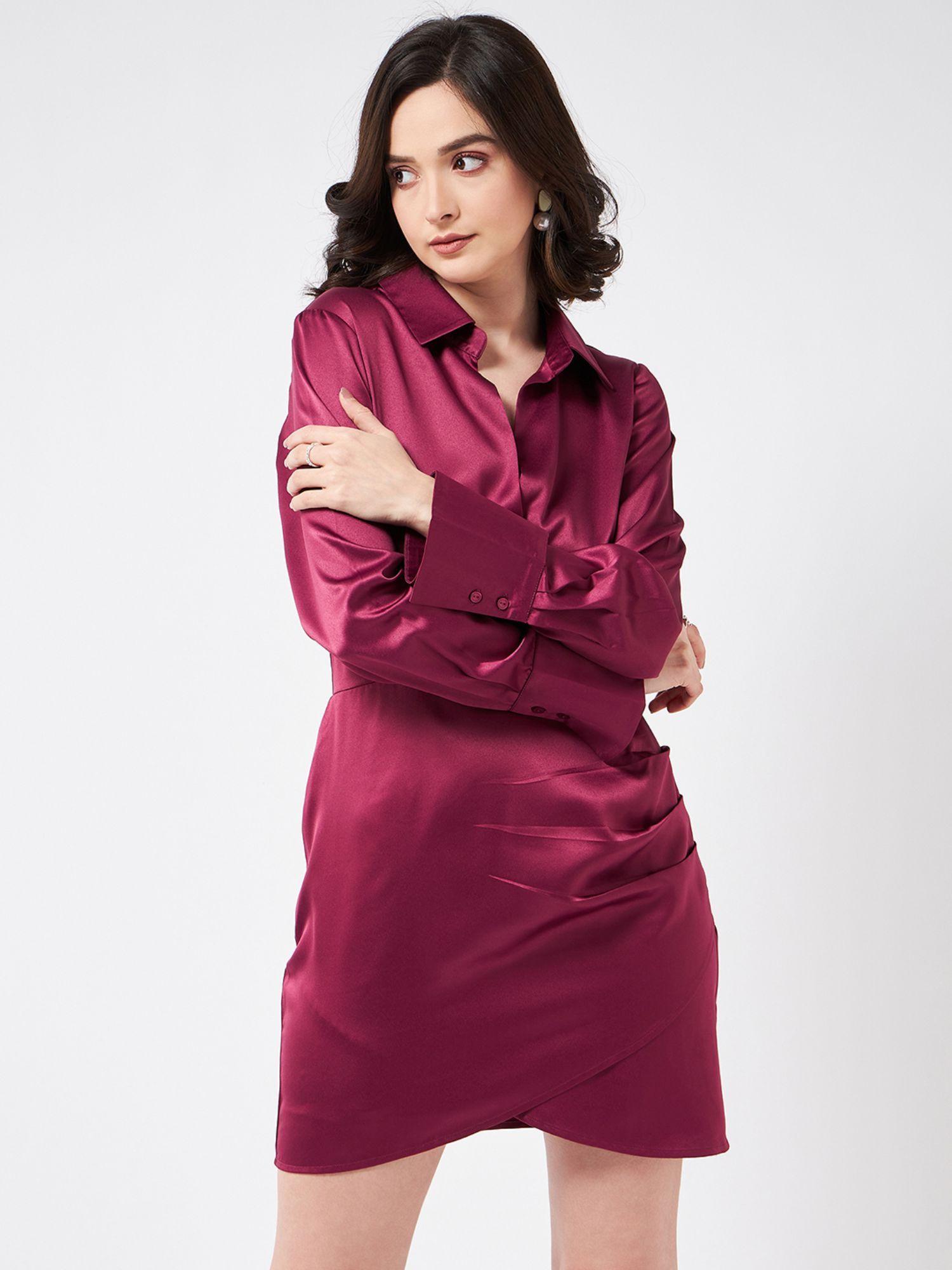 wine satin shirt dress