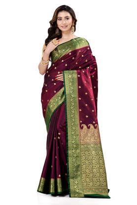 wine satin silk solid banarasi saree with beautiful embroidery and stone work in body and border - wine