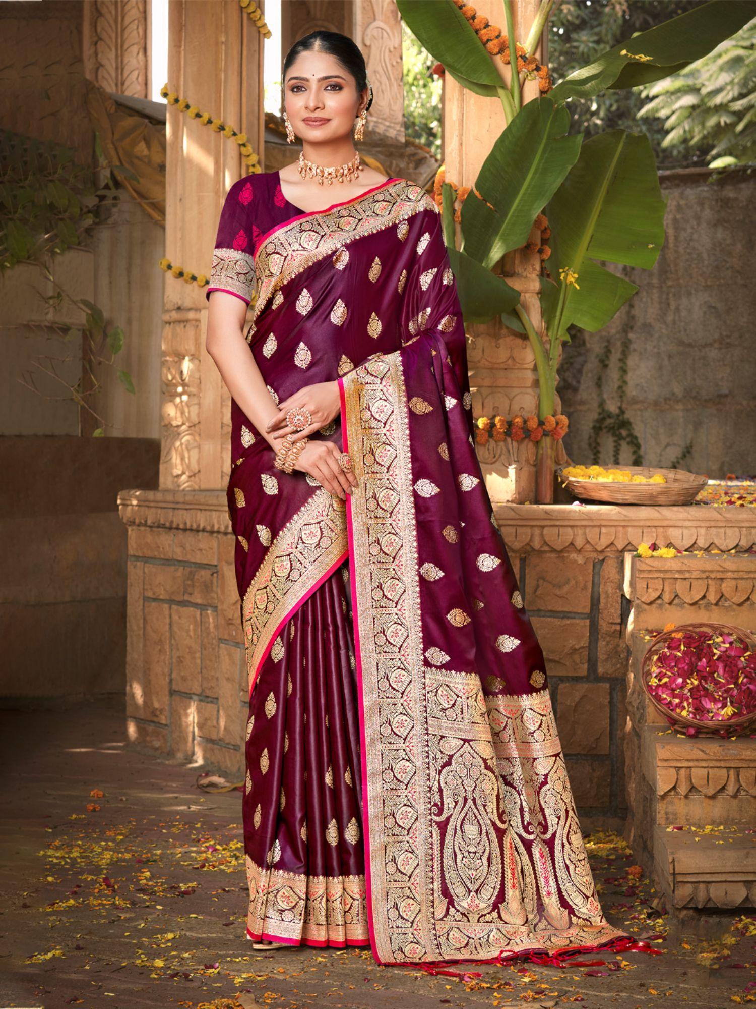 wine satin silk woven work traditional tassels saree with unstitched blouse