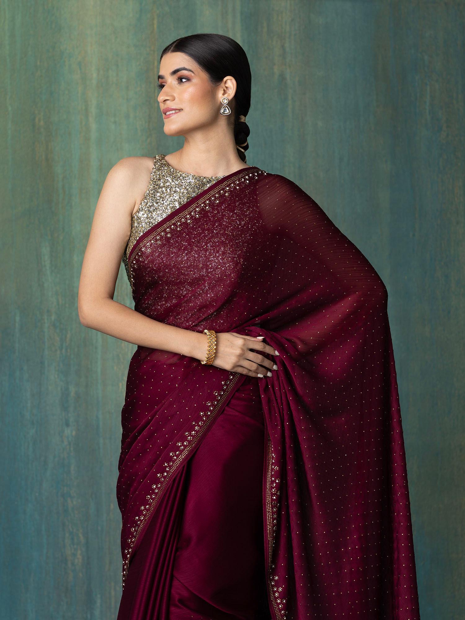 wine satin solid embellished and sequined saree with unstitched blouse liksar19 (free size)