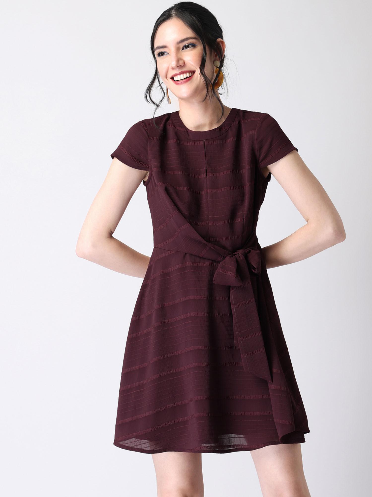 wine self design side tie skater dress