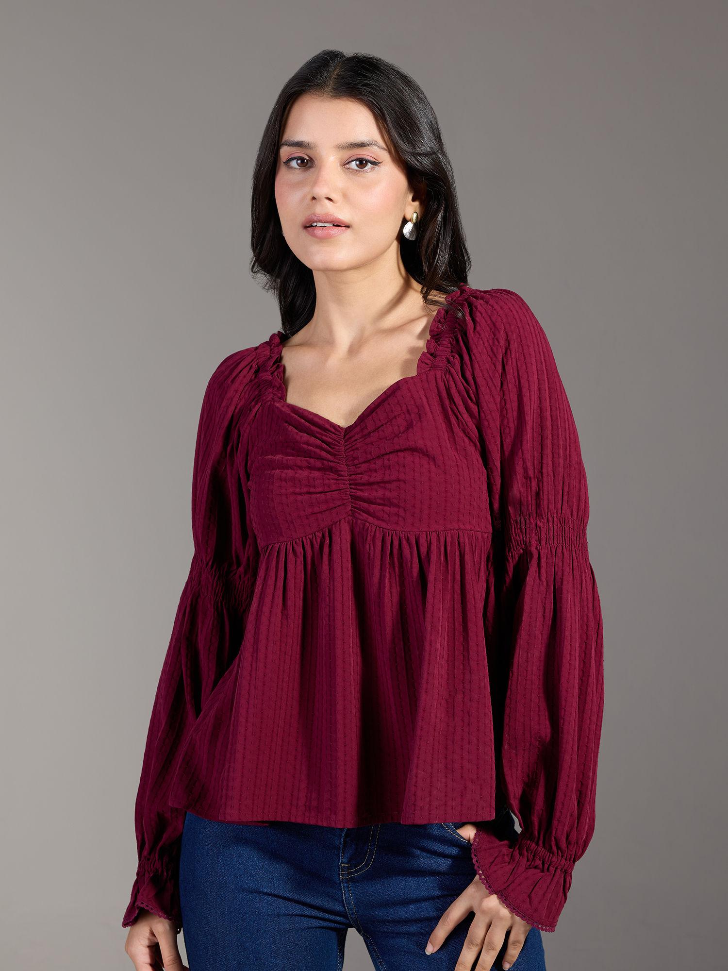 wine self design sweetheart neck ruffled top