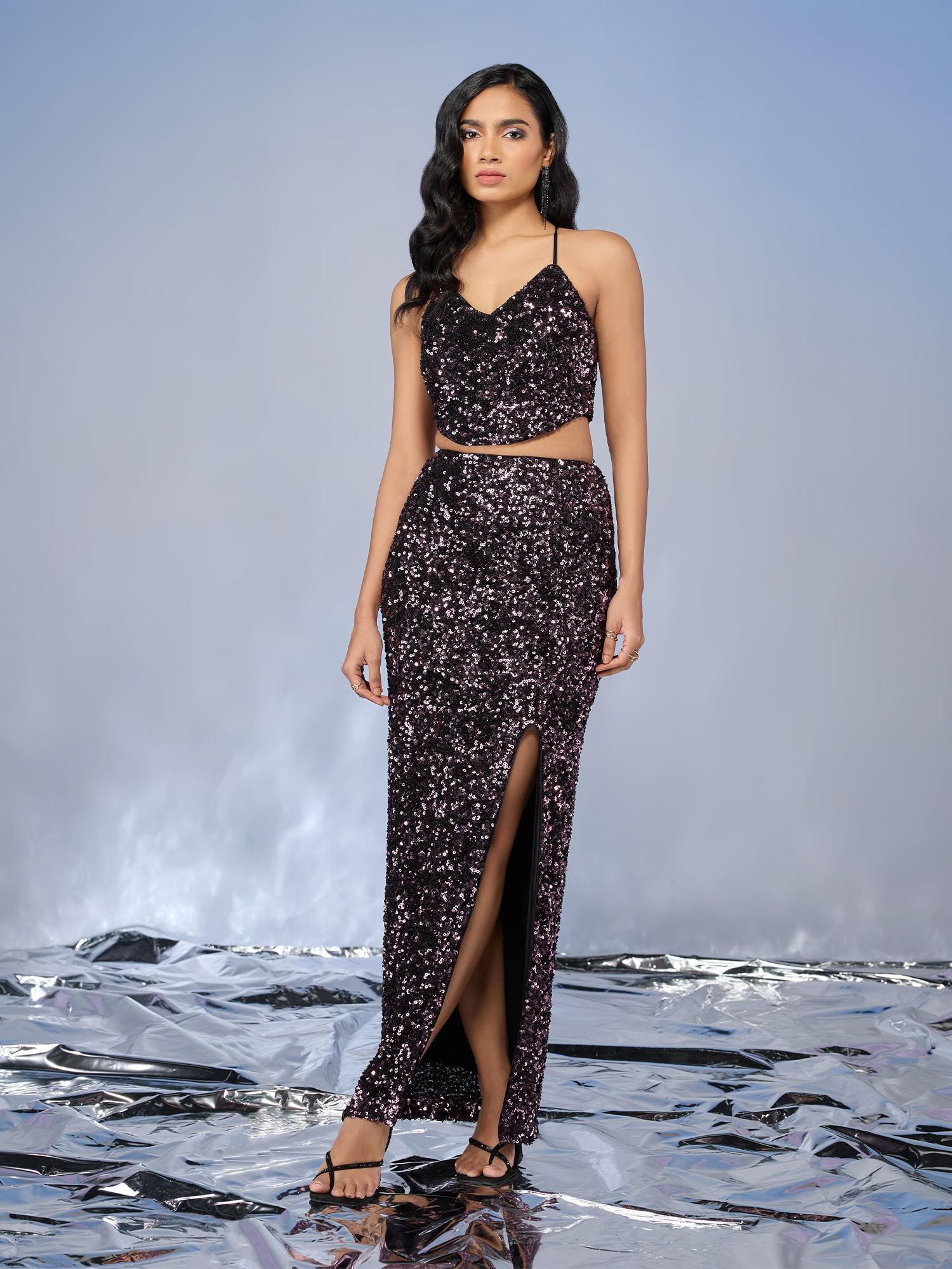 wine sequin curve slit maxi skirt co-ord (set of 2)