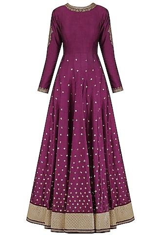 wine sequins embroidered anarkali with dupatta and belt