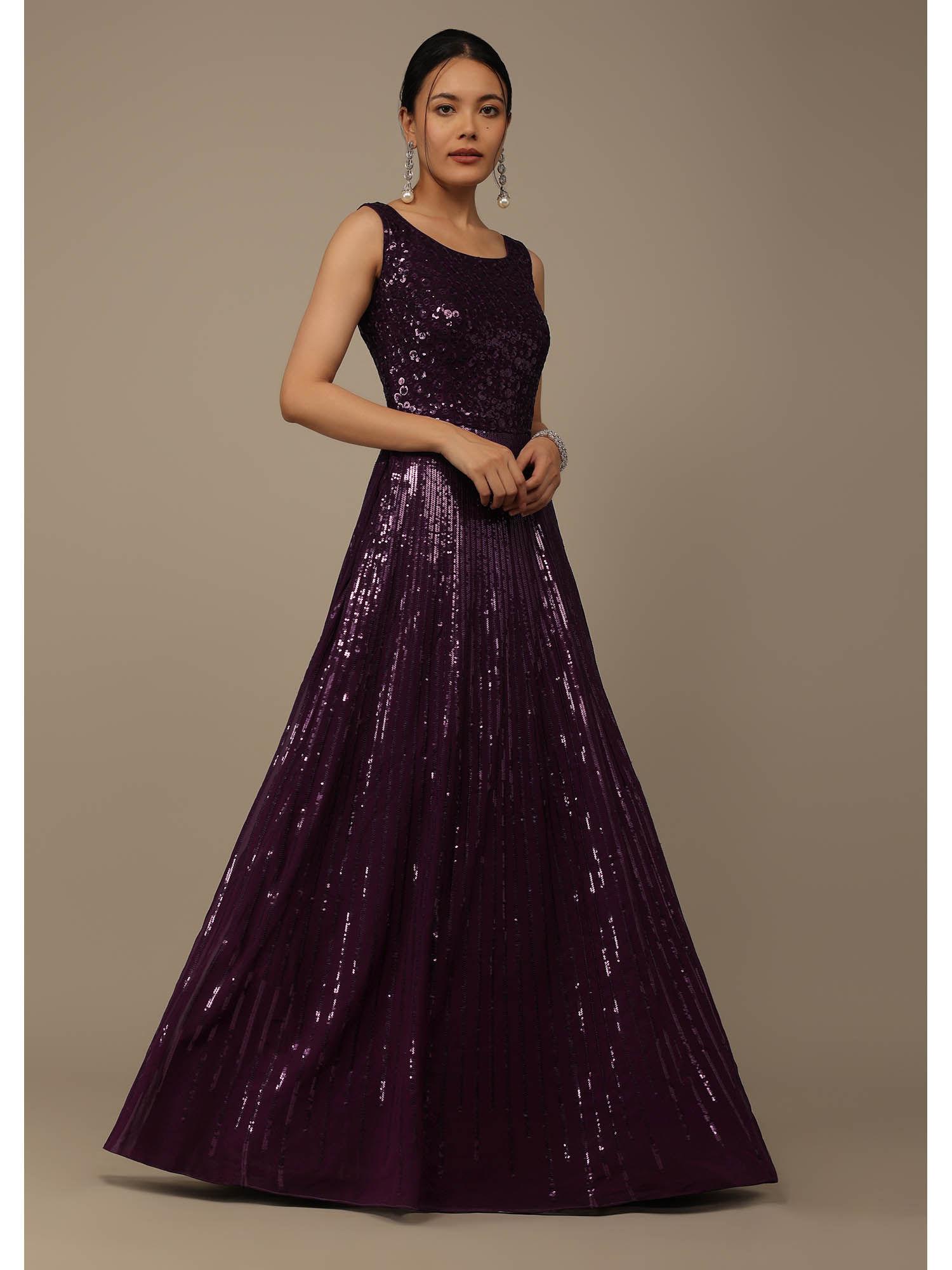 wine sequins embroidered evening gown in georgette with resham work (set of 2)