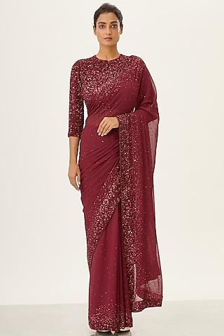 wine sequins embroidered saree set