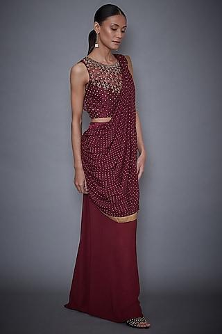 wine sequins embroidered saree set