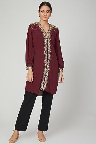 wine sequins embroidered tunic with tassels