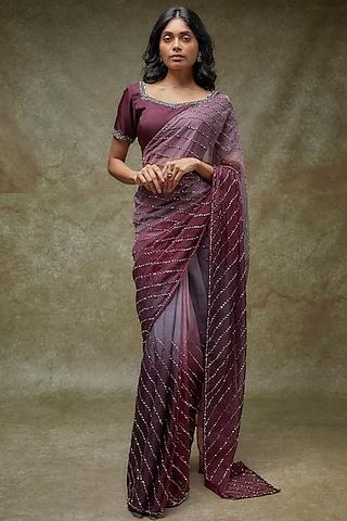 wine shaded crystal organza embellished draped saree set