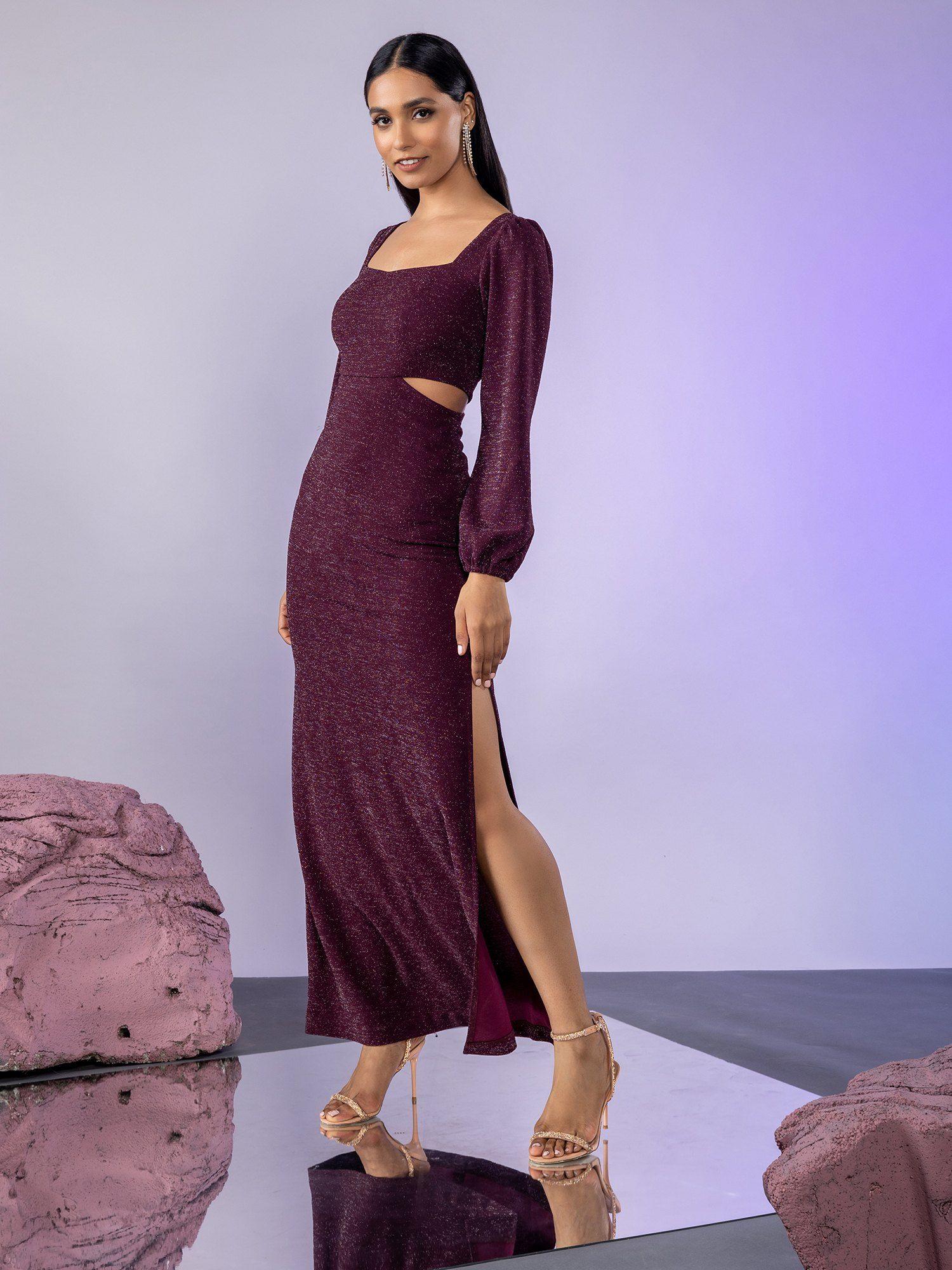 wine shimmer side cutout sheath gown