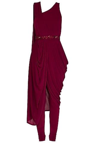 wine shimmery pre-draped saree with churidar pants & belt