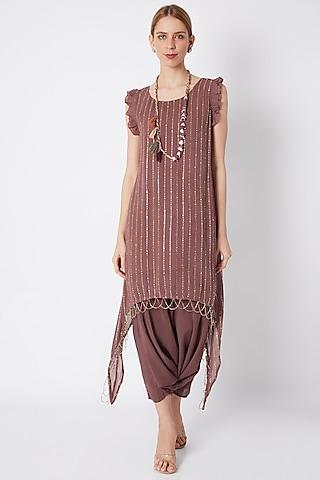 wine shimmery tunic with dhoti pants & necklace
