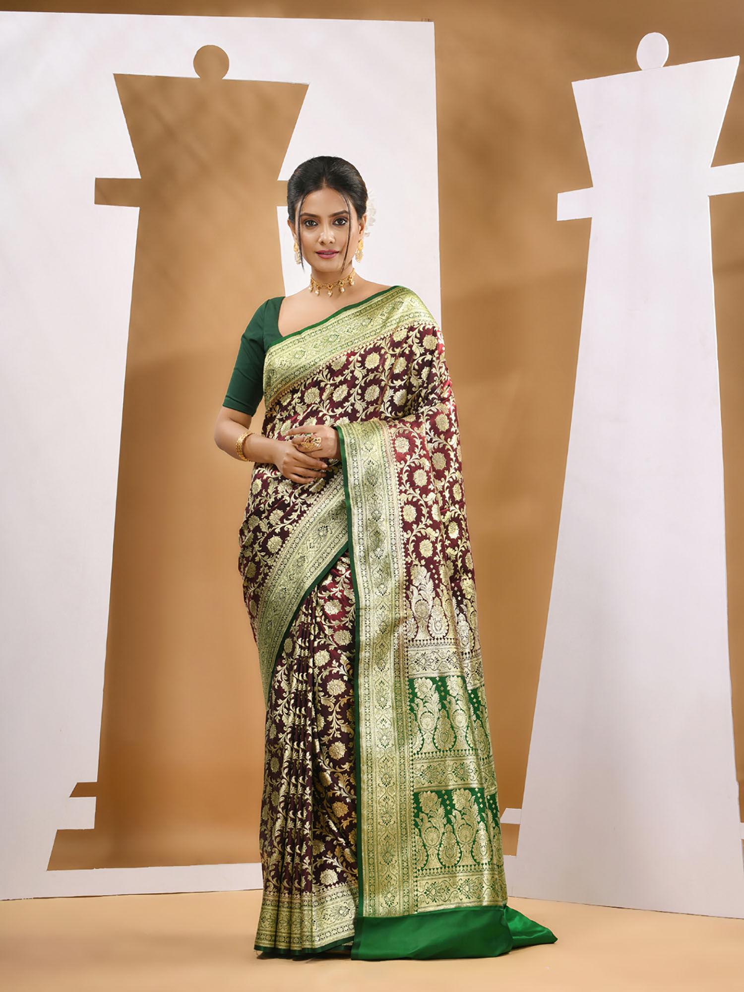 wine silk banarasi ethnic motifs saree with unstitched blouse