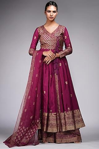 wine silk block printed anarkali set