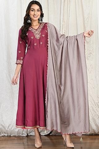 wine silk chanderi embroidered anarkali set