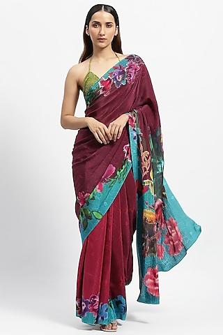 wine silk crepe embellished saree