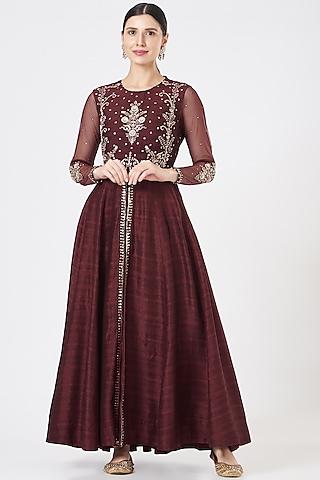 wine silk embroidered anarkali set