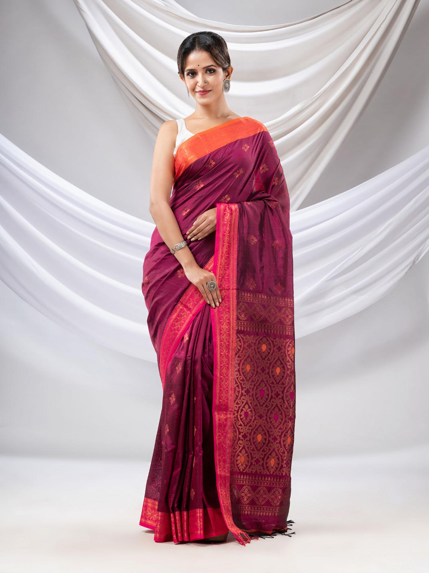 wine silk matka soft saree with woven zari borders with unstitched blouse