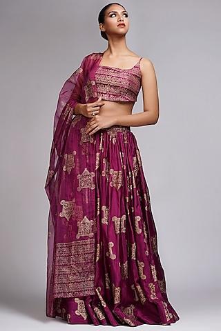 wine silk metallic hand block printed lehenga set