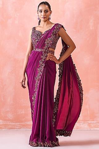 wine silk organza & net sequins embroidered saree set
