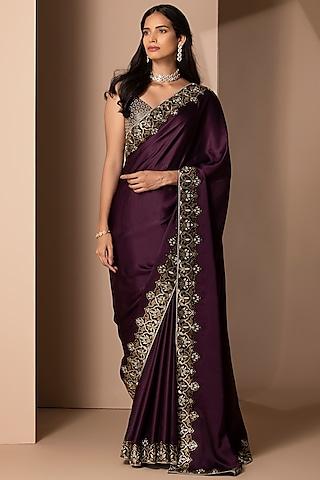 wine silk satin rhinestone embellished saree set