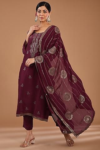 wine silk thread work kurta set