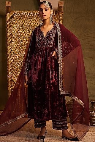 wine silk velvet resham & cutdana embellished kurta set
