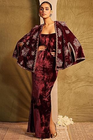 wine silk velvet sequins & mirror embroidered cape set