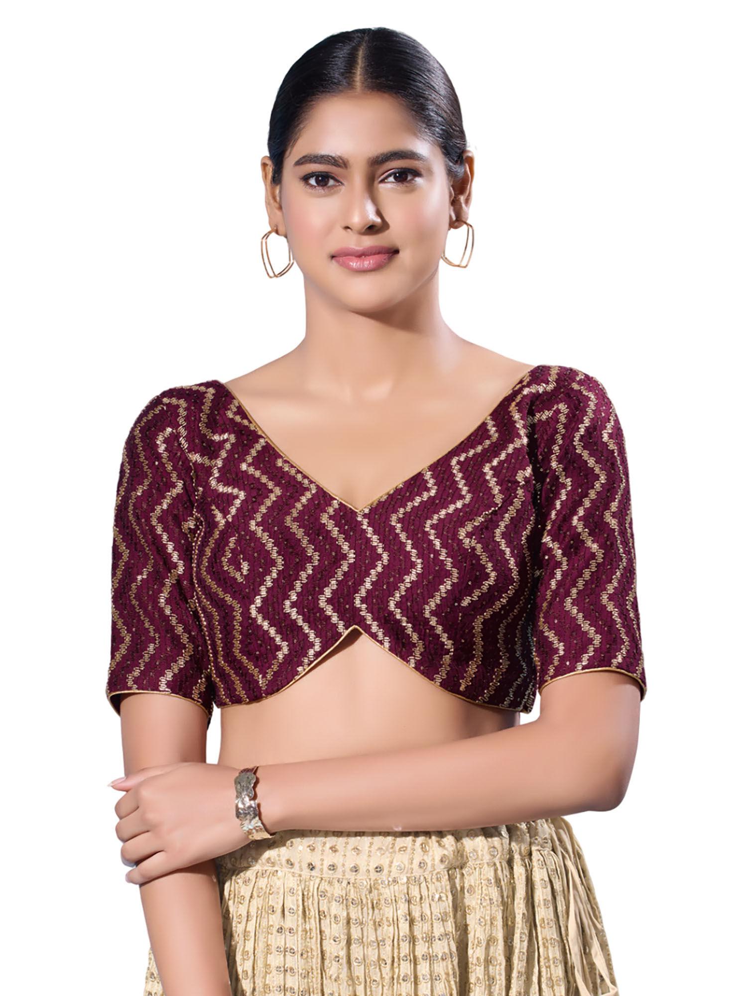 wine silk woven design stitched blouse