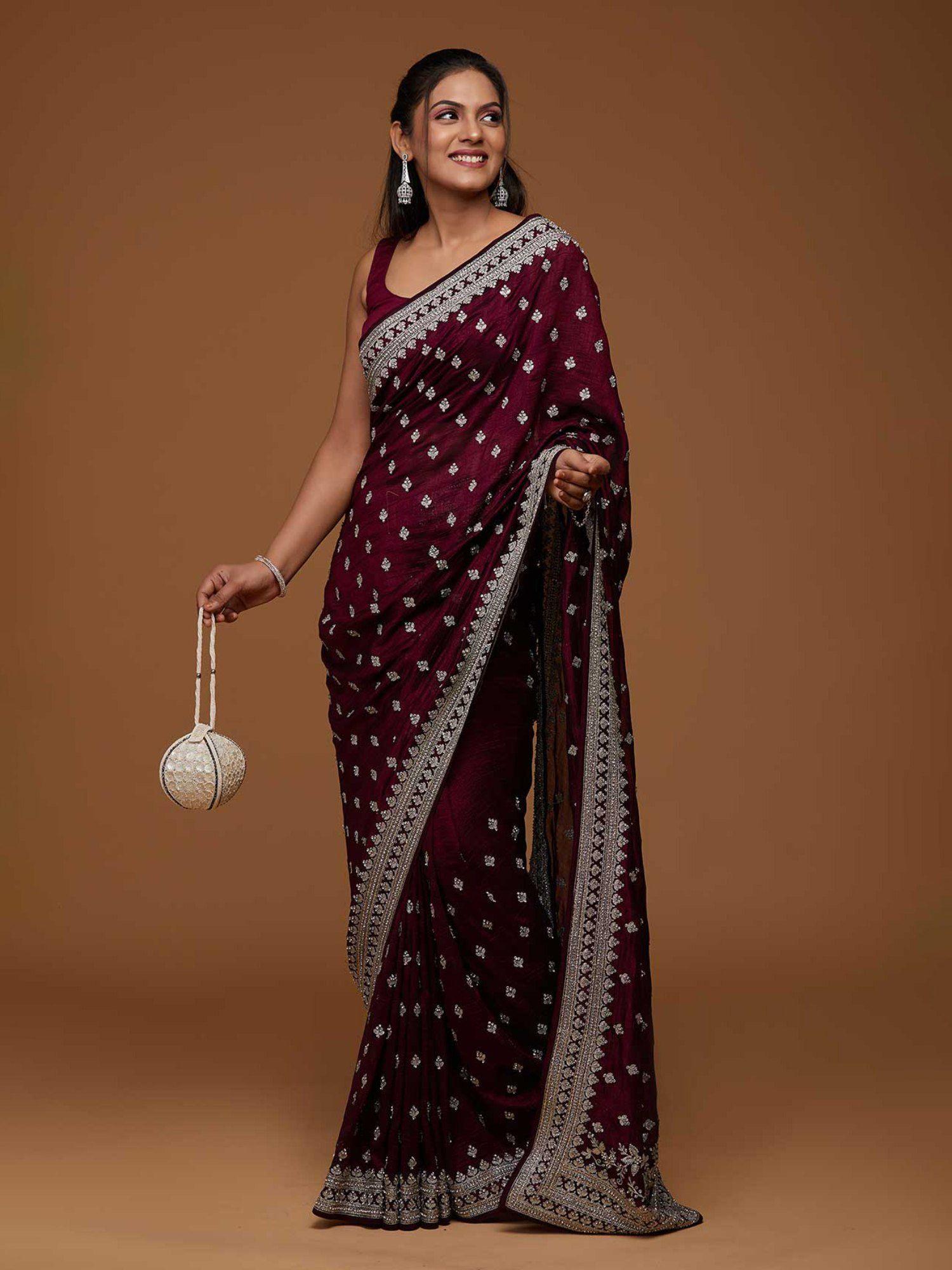wine silver zari work raw silk saree with unstitched blouse