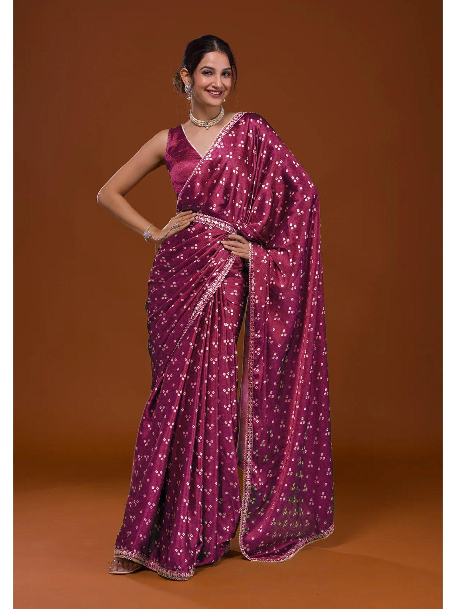wine soft satin saree with heavy banglory unstitched blouse and belt