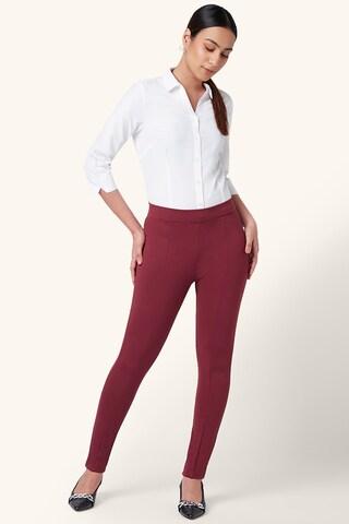 wine solid ankle-length mid rise formal women skinny fit treggings