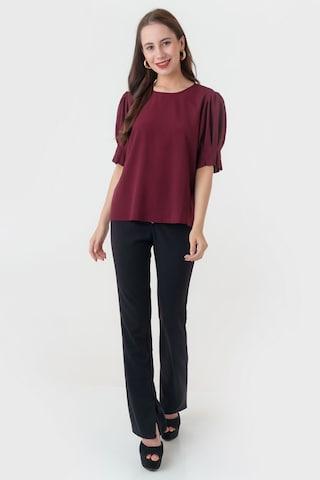 wine solid casual elbow sleeves round neck women regular fit top