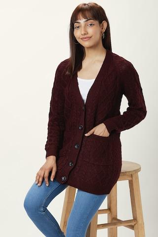 wine solid casual full sleeves v neck women regular fit cardigan