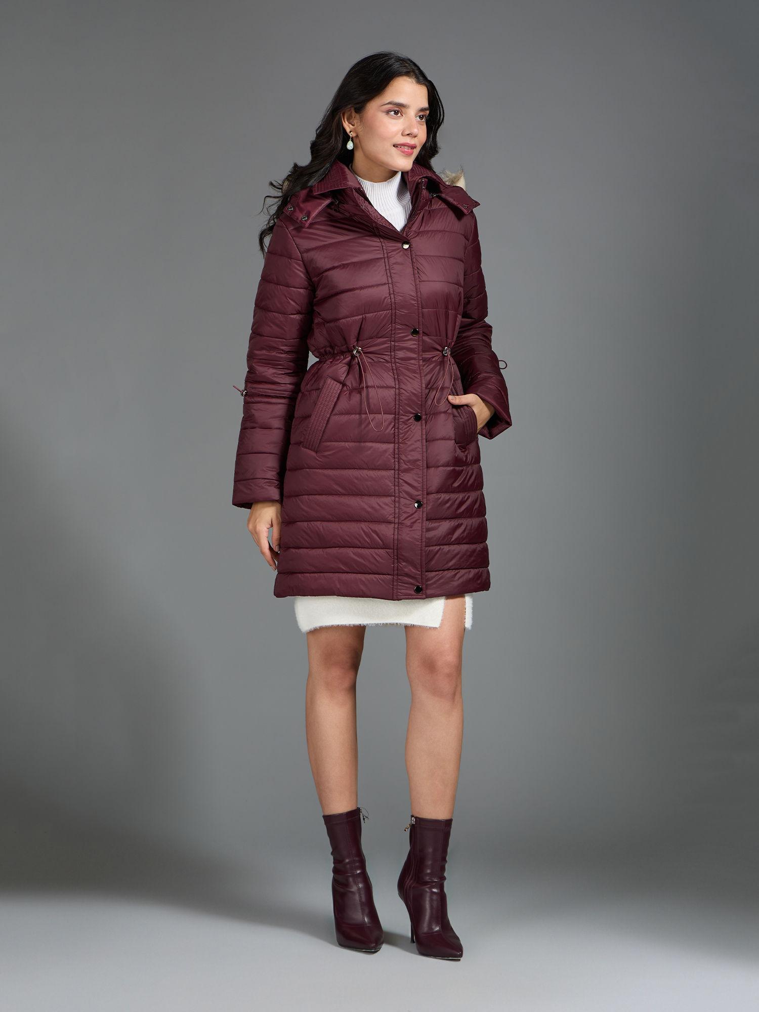 wine solid fur hood longline quilted puffer jacket