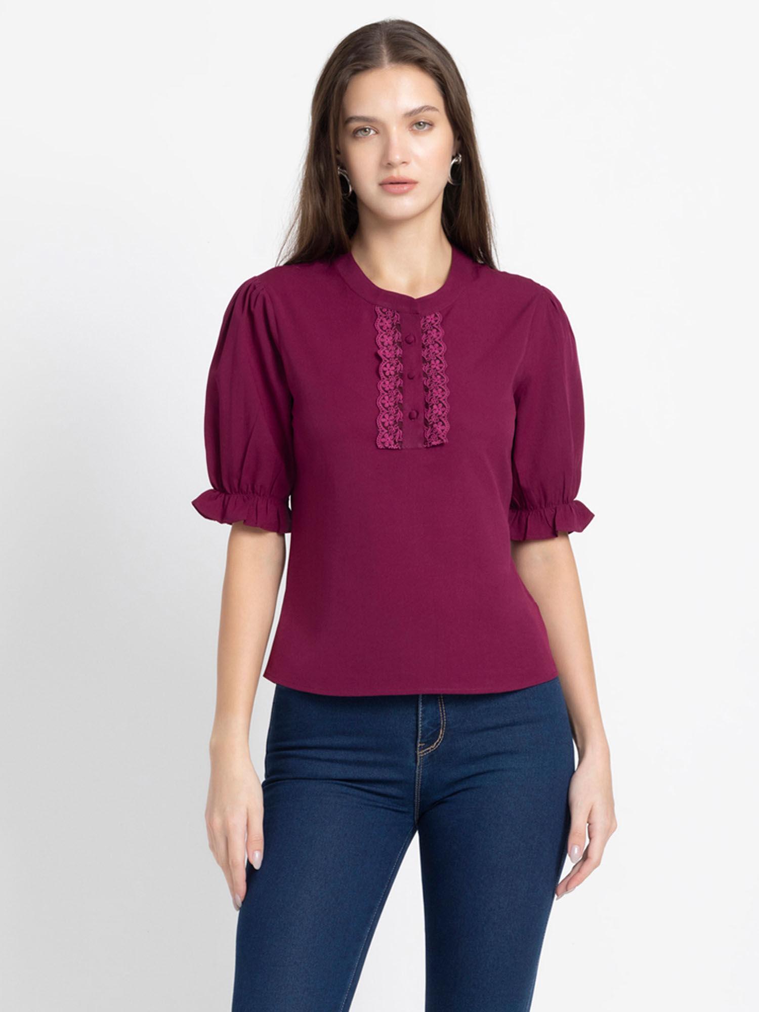 wine solid half puff sleeves casual tops for women