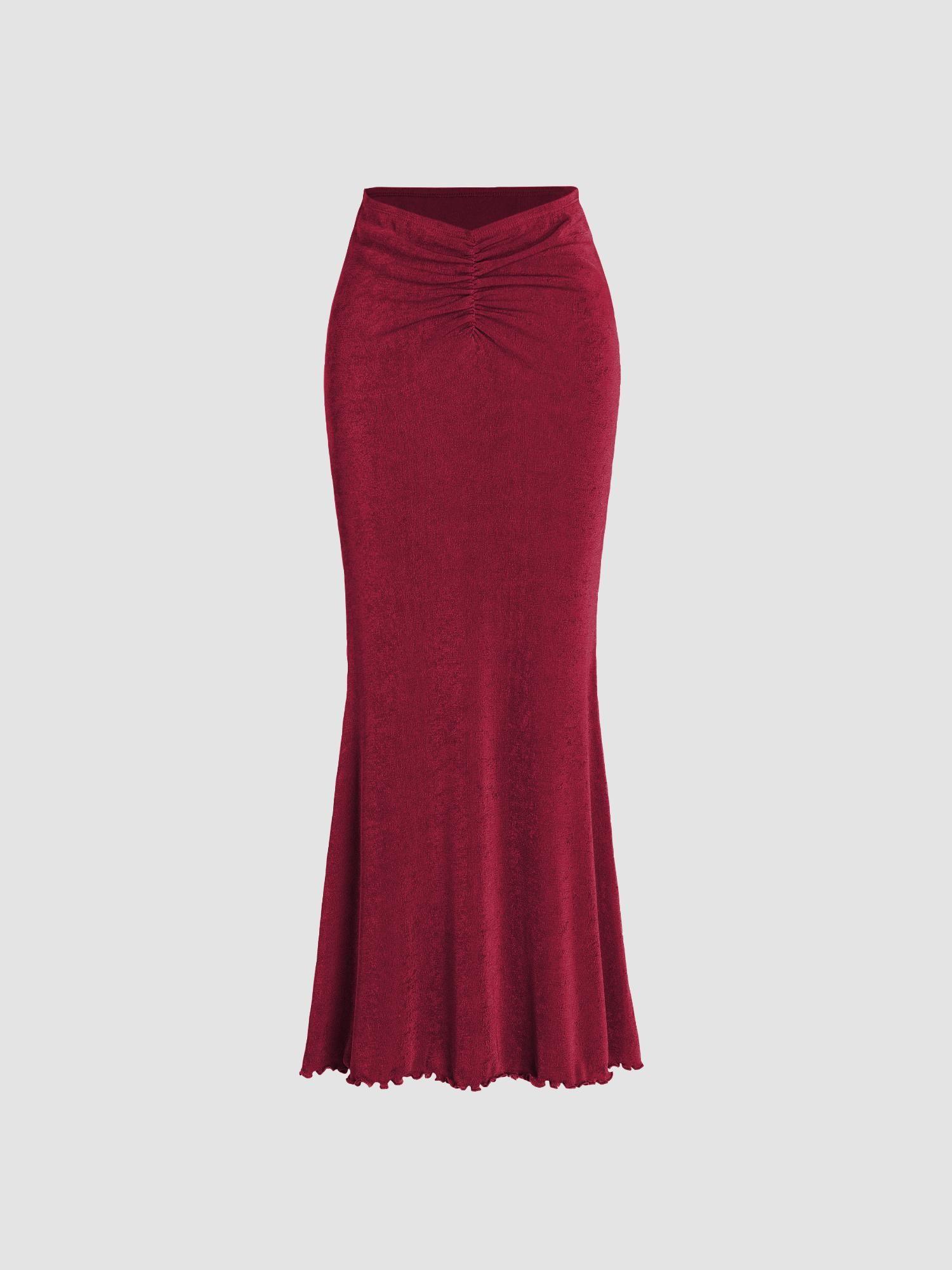 wine solid lettuce hem mermaid maxi skirt