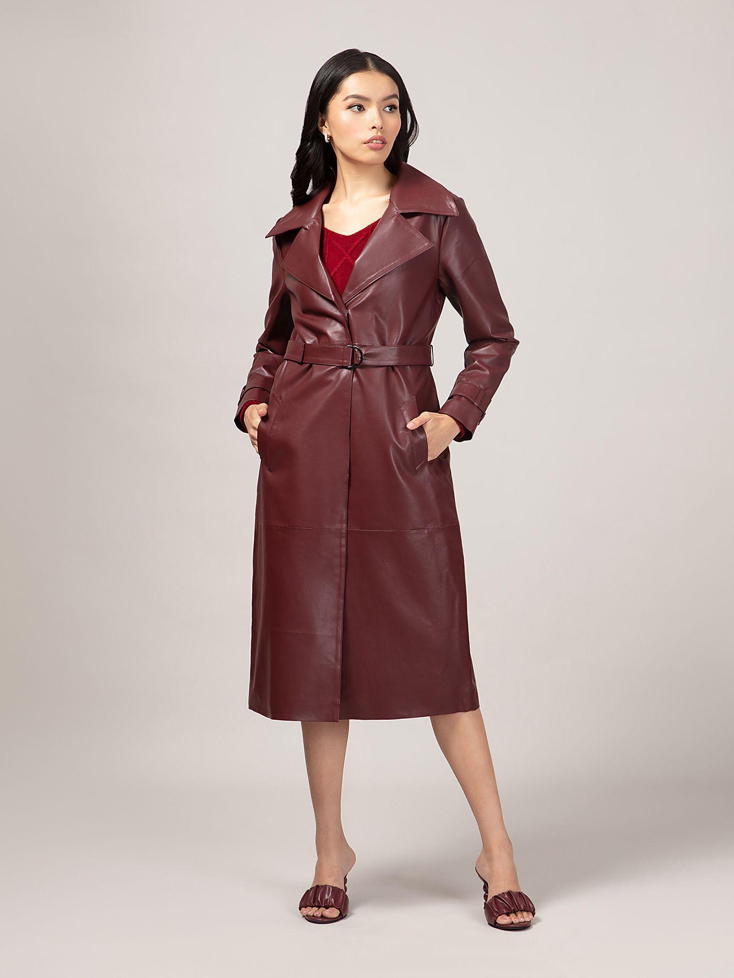 wine solid midi faux leather overcoat with belt