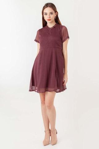 wine solid polyester round neck women regular fit dresses