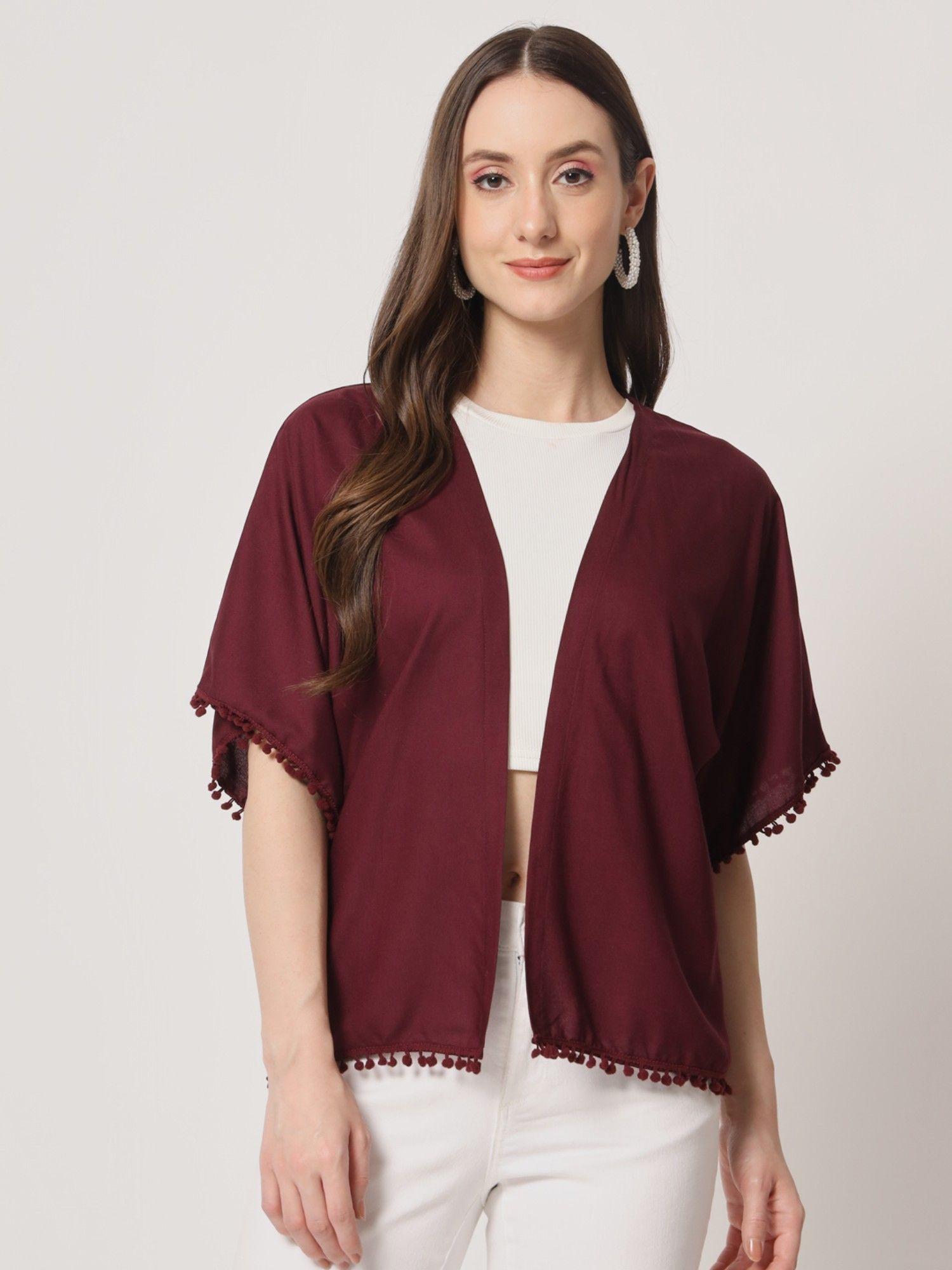 wine solid pom pom shrug